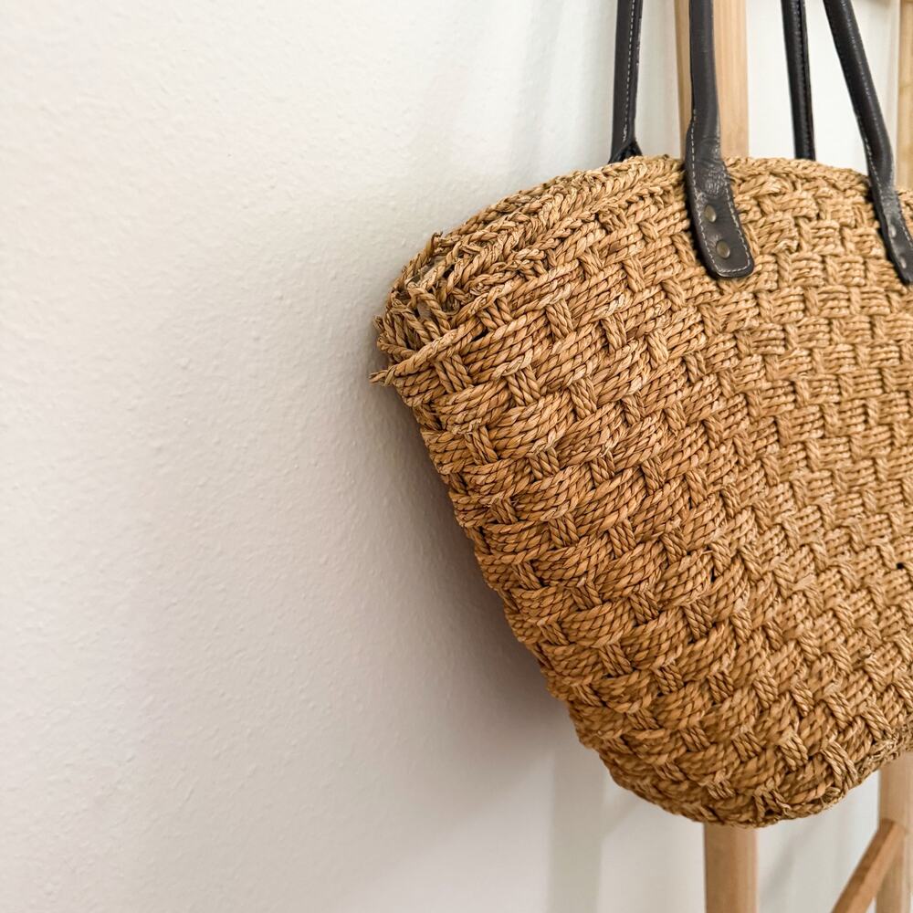 J.Crew Woven Straw Tote Bag Brown Leather Handles Large Beach Market Basket - Picture 4 of 13